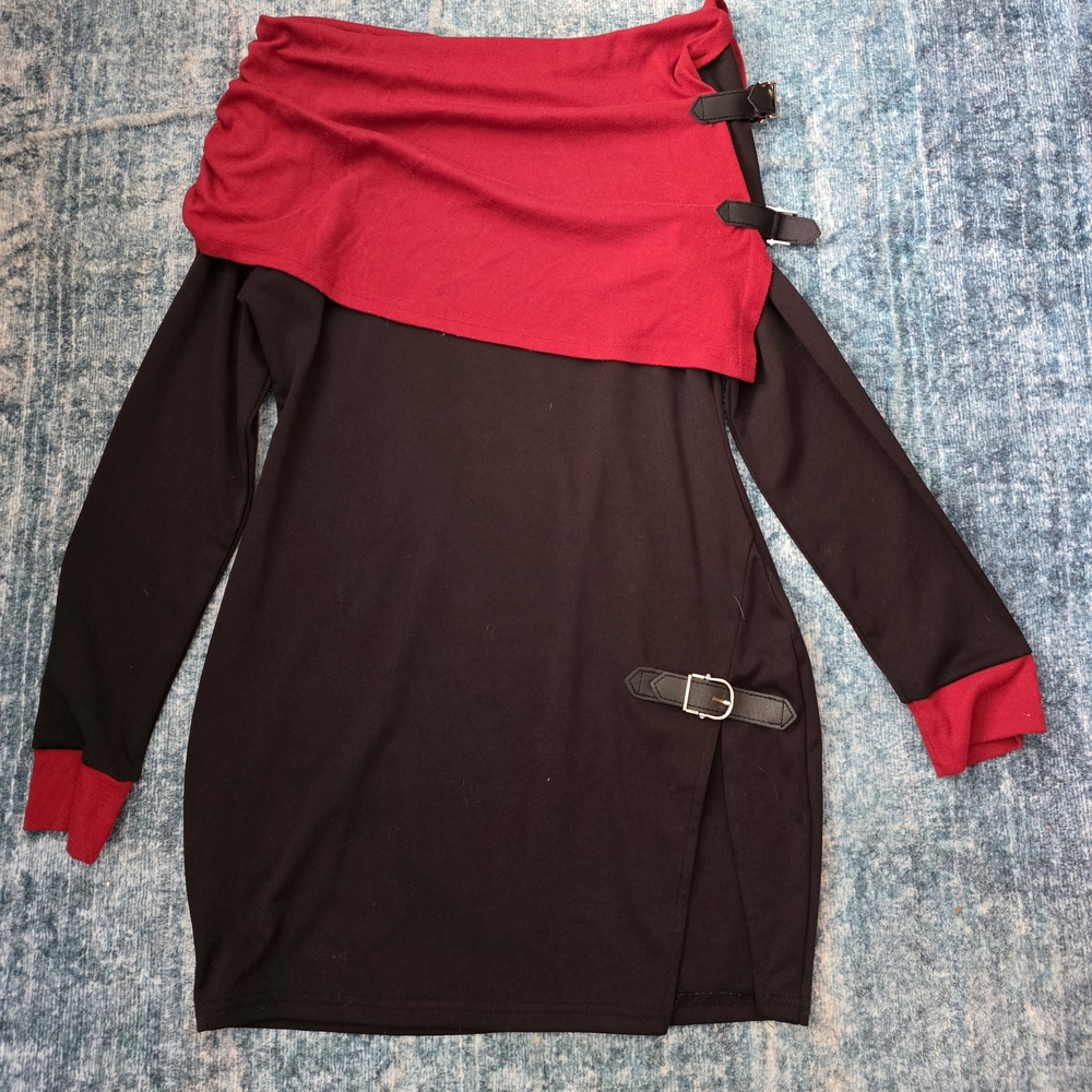 Red and Black Long Sleeve Dress with Buckle Accents